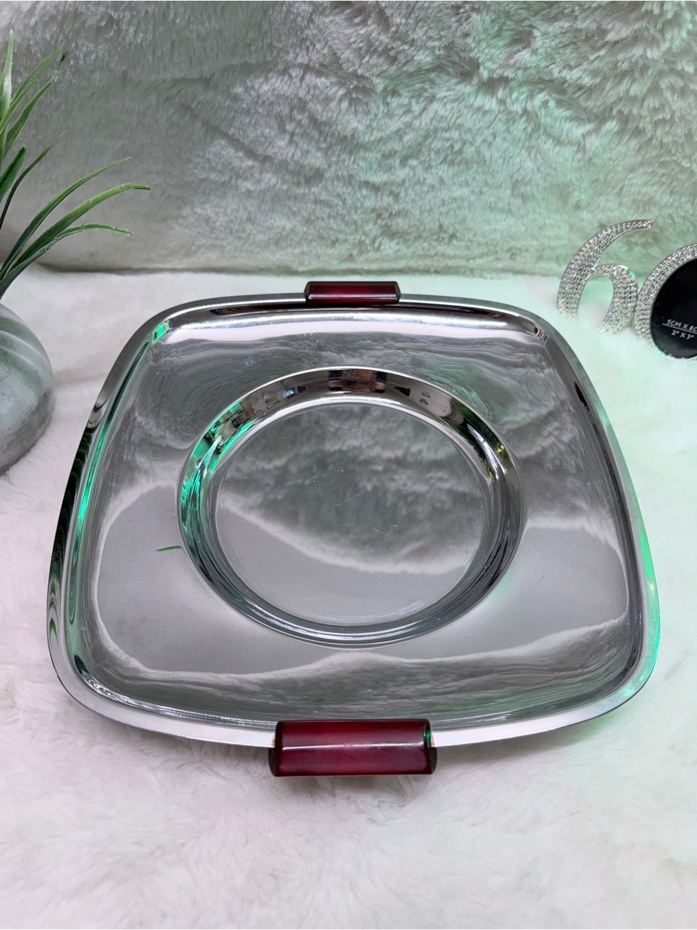 Vintage Chrome Mid Century Modern Serving Platter with Burgundy Accent Handles 🔥